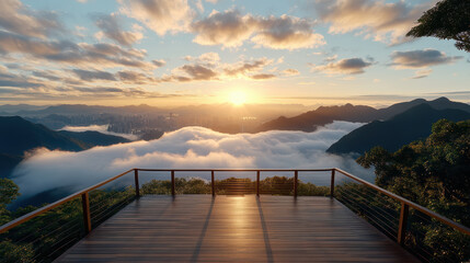 Wall Mural - breathtaking sunrise view from wooden deck overlooking mountains and clouds