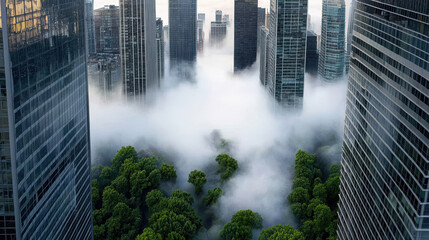 Wall Mural - foggy morning scene with skyscrapers peeking through mist and greenery