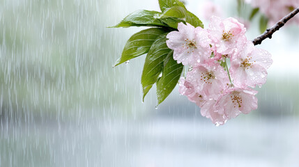 Canvas Print - Fresh spring rain falling on pink cherry blossoms creates serene atmosphere