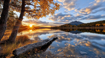 Wall Mural - Golden autumn sunset reflecting on peaceful lake with mountains