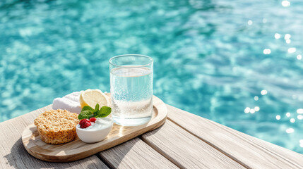 Wall Mural - Refreshing drink and snacks by poolside, perfect for relaxation