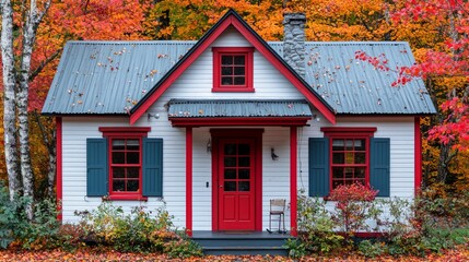 Wall Mural - Red-trimmed cottage autumn leaves forest rental