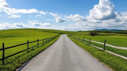 Wall Mural - peaceful countryside road surrounded by lush green fields and blue skies