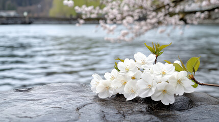 Canvas Print - serene riverbank with white cherry blossoms resting on stone