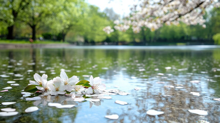 Canvas Print - serene pond with cherry blossom petals floating on water surface