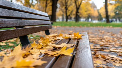 Wall Mural - serene autumn park bench adorned with golden leaves, inviting tranquility