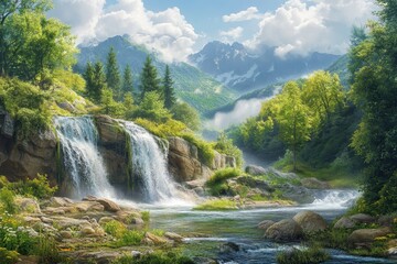 Wall Mural - Mountain waterfall cascading into river, lush forest, sunny day, travel brochure