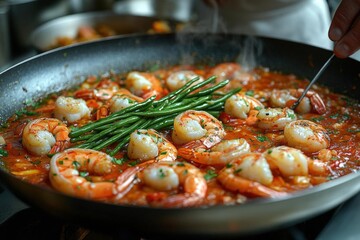 Wall Mural - Close Up Of A Delicious Shrimp Dish Being Prepared In A Pan