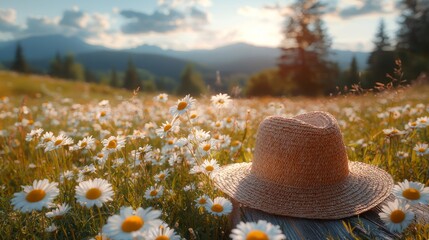 Wall Mural - Summer sunset, mountain meadow, chamomile field, straw hat