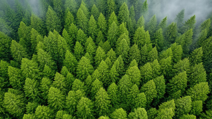 Wall Mural - Aerial view of dense green forest with lush trees and misty atmosphere