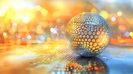 Abstract metallic sphere with bokeh background.
