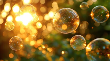 Wall Mural - Sunset bubbles float, nature bokeh background, summer fun, playful