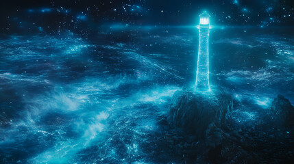 Wall Mural - Luminous Digital Lighthouse Over Futuristic Cityscape