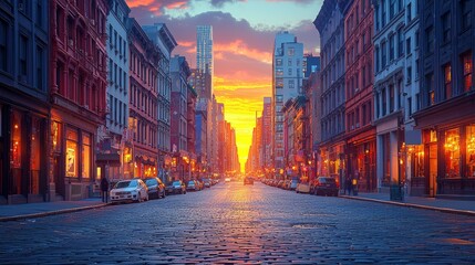 Wall Mural - Sunset over cobblestone street, NYC, buildings, warm light