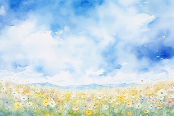 Poster - Flower field and sky painting backgrounds landscape.