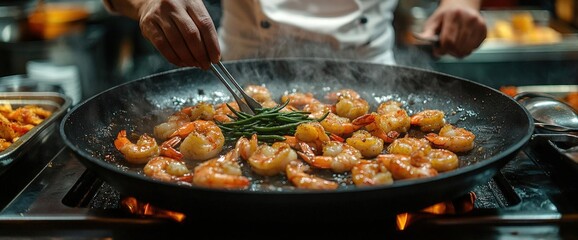 Wall Mural - Chef's Hands Cooking Shrimp in a Pan with Green Garnish