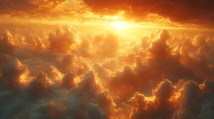Wall Mural - Aerial sunset view, fiery clouds, above ocean, dramatic lighting, background ideal for travel