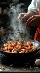 Wall Mural - Chef Seasoning Steaming Shrimp in Wok