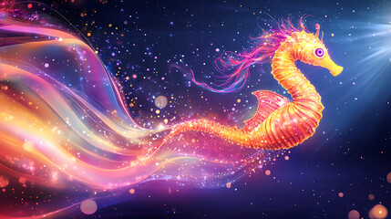 Wall Mural - Luminous Seahorse in a Vibrant, Sparkling Sea