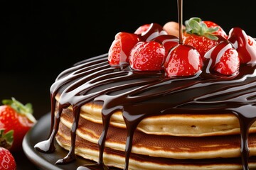 Delicious pancakes topped with chocolate and fresh strawberries.