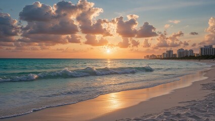 Wall Mural - Golden sunset hues paint the beach