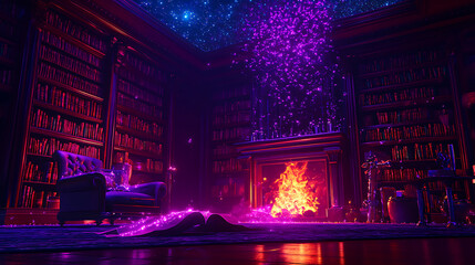 Wall Mural - Magical Library With Glowing Fireplace and Purple Sparks