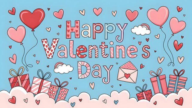 Happy Valentines Day Banner with Hearts And Flowers