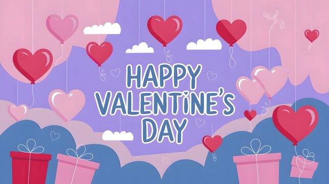 Happy Valentines Day Banner with Hearts And Flowers