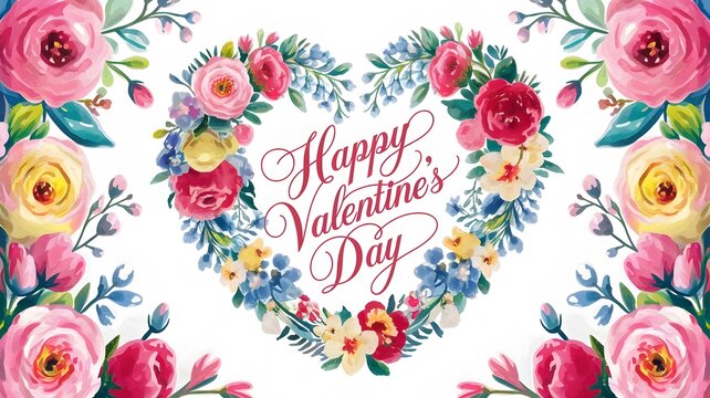 Happy Valentines Day Banner with Hearts And Flowers
