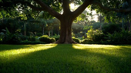 Wall Mural - Large Green Tree in a Lush Garden Bathed in Sunlight