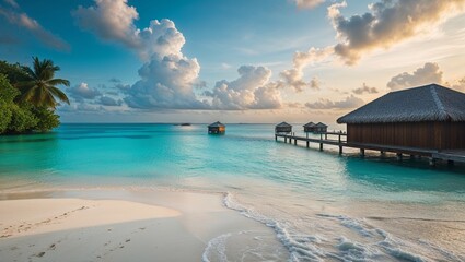 Wall Mural - Turquoise waters meet the sun-kissed sand of a tropical paradise island beach under a vast summer sky