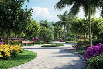 Canvas Print - Tropical park pathway, benches, flowers, sunny day, landscaping design