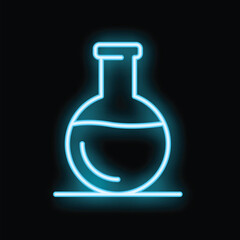 Wall Mural - Neon blue icon of a round bottom flask glowing on a black background