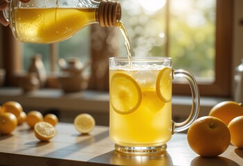 Wall Mural - Pouring lemonade into a glass mug with lemon slices and ice.