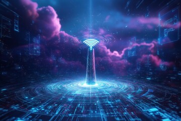 Poster - Digital tower emitting signals in cosmic landscape