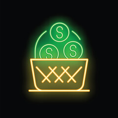 Poster - Neon icon of green dollar coins falling into a yellow basket on a black background