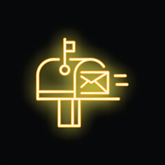 Poster - Yellow glowing neon mailbox receiving mail with motion lines on a black background