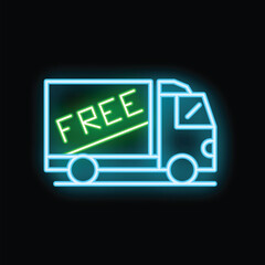 Poster - Glowing blue neon sign of a delivery truck with the word free written in green on the side