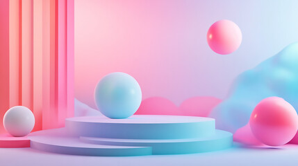 Poster - Abstract Pastel Pink and Blue Geometric Shapes  with pastel pink, blue, and white spheres and cylinders, with silver spheres floating 
