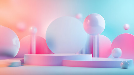 Poster - Abstract Pastel Pink and Blue Geometric Shapes  with pastel pink, blue, and white spheres and cylinders, with silver spheres floating 
