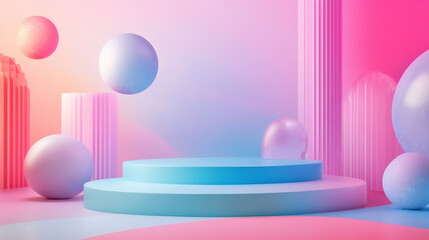 Wall Mural - Pastel pink and blue spheres and cylinders against a light blue background 