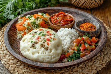 Wall Mural - Ethiopian food platter, vegetables, rice, spices, wooden table, restaurant