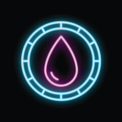 Wall Mural - Glowing neon icon of water drop shining in circle frame on black background