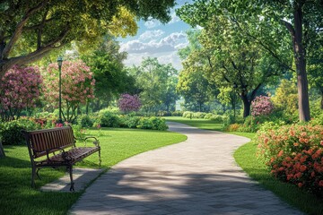 Wall Mural - Serene park path, bench, spring blooms, sunny day, nature