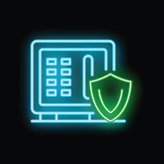 Poster - Glowing neon icon of a safe with a shield, representing the concept of security and protection
