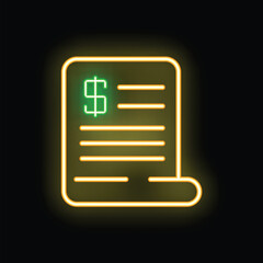 Poster - Glowing neon representation of a financial invoice document featuring a prominent dollar symbol