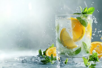 Wall Mural - Refreshing citrus drink, ice splash, studio, summer