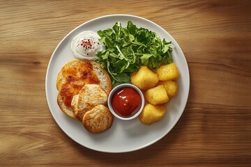 Wall Mural - Grilled cheese, potatoes, salad, sauce on wood table