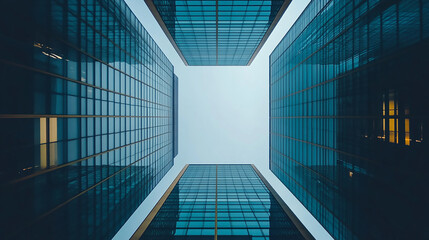 Wall Mural - Low angle view and lens flare of skyscrapers modern office building city in business center with blue sky modern business center at night
