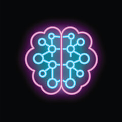 Poster - Neon brain illustration is glowing on a black background, showing the interconnectivity of thoughts